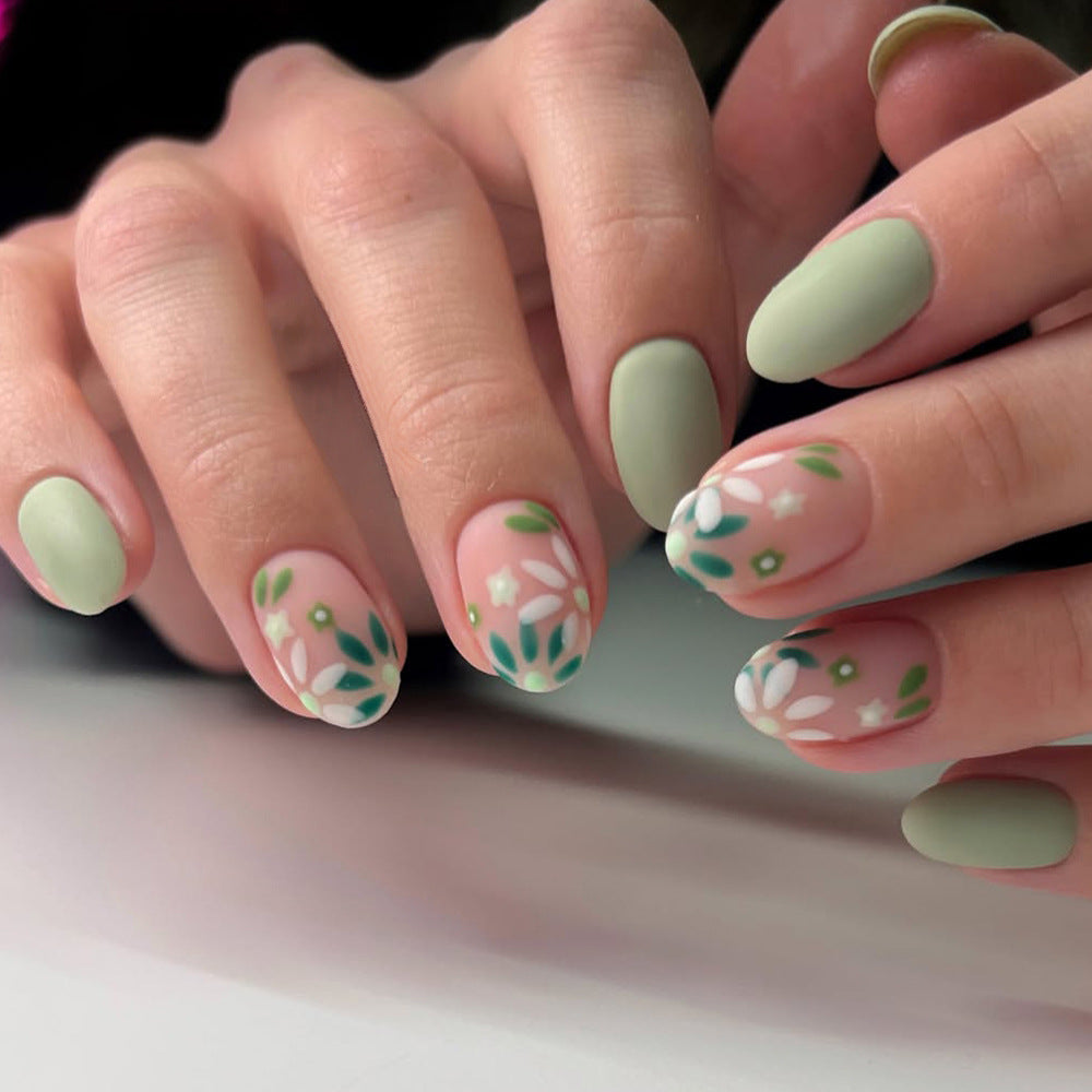 Spring Blossom Medium Oval Mint Green with Floral Design Nail Set