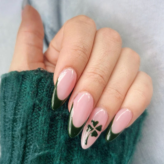 Emerald Elegance Medium Almond Green Tip Nail Set with Unique Floral Design