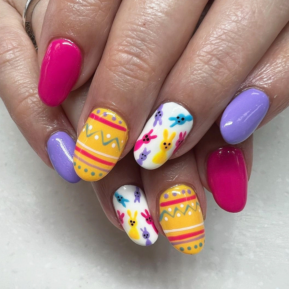 Easter Delight Medium Round Pastel Colors with Fun Bunny Designs Press On Nail Set