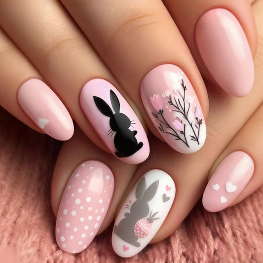 Bunny Blossom Long Oval Soft Pink with Whimsical Floral and Bunny Designs Press On Nail Set