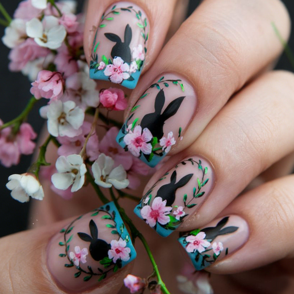 Whimsical Floral Bunny Short Square Teal with Artistic Detailing Press On Nail Set
