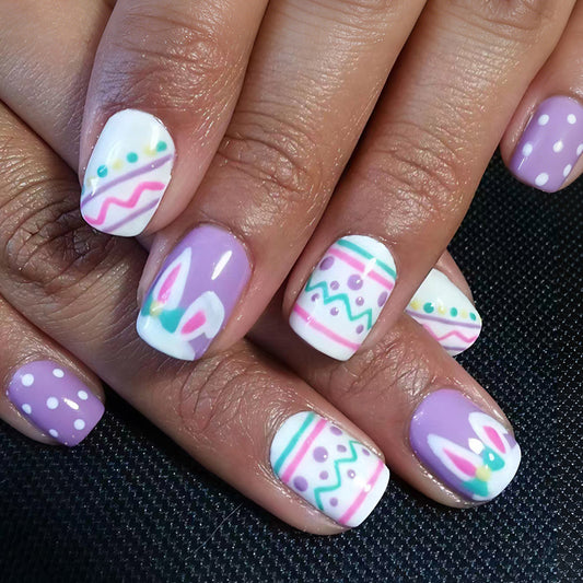 Easter Celebration Short Square Lavender with Whimsical Patterns Press on Nail Set