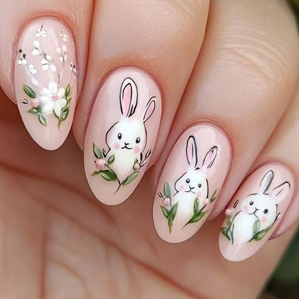 Springtime Delight Medium Oval Pink Nails with Charming Bunny Designs