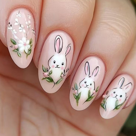 Springtime Delight Medium Oval Pink Nails with Charming Bunny Designs