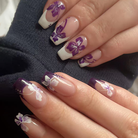 Blooming Elegance Long Coffin Purple Ombre with Floral Design Press On Nail Set