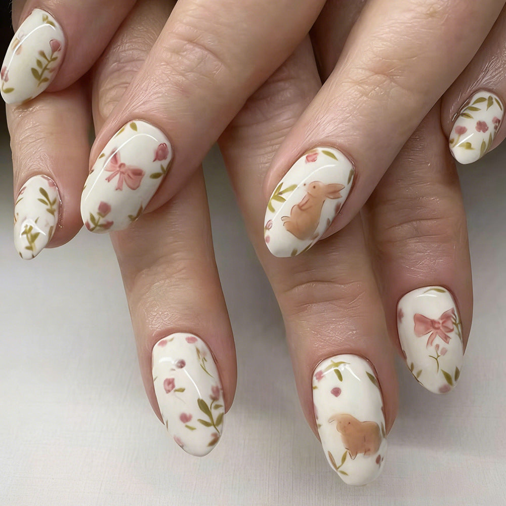 Spring Garden Magic Medium Almond White Floral Design Press-On Nail Set
