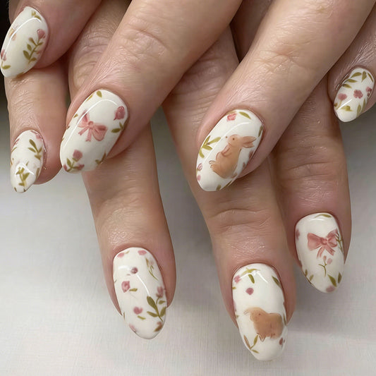Spring Garden Magic Medium Almond White Floral Design Press-On Nail Set