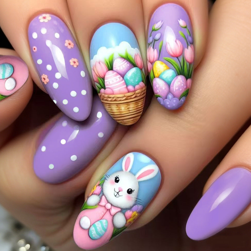 Easter Delight Long Almond Lavender with Charming Bunny and Floral Design Press on Nail Set