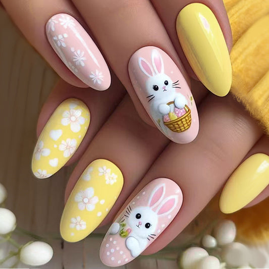 Easter Joy Medium Oval Yellow with Adorable Bunny Design Press On Nail Set