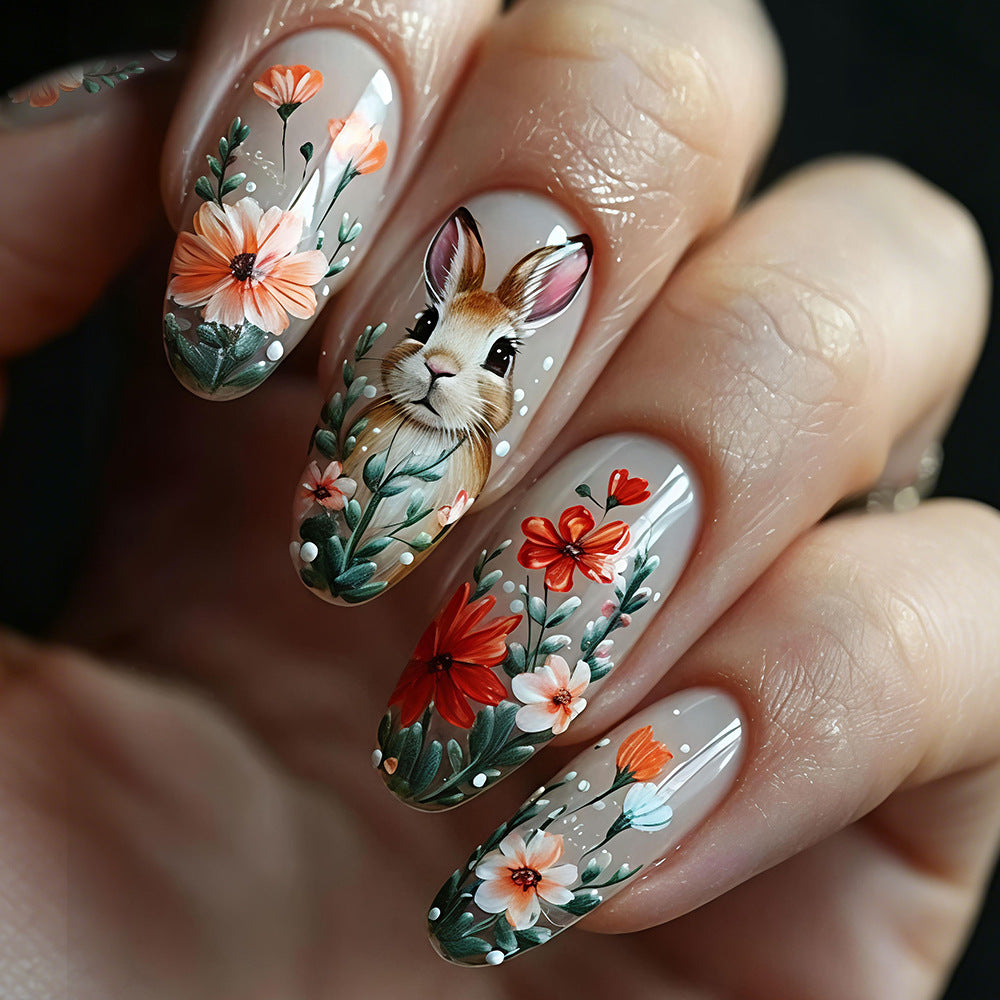 Whimsical Floral Medium Oval Press-On Nail Set with Charming Bunny Design