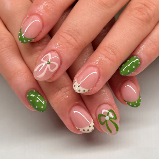 Whimsical Greenery Short Round Press on Nail Set with Artistic Polka Dots and Charming Bow Designs