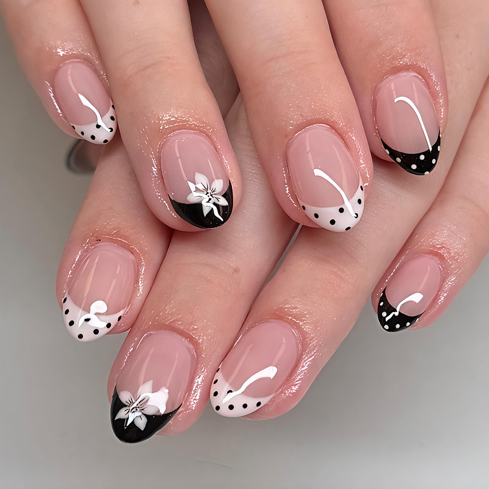 Elegant Floral Fantasy Short Almond Black and White Design Press On Nail Set