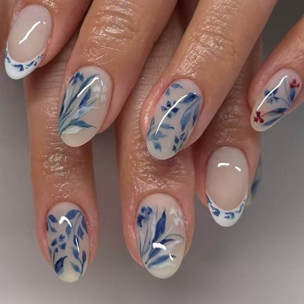 Whimsical Floral Design Short Oval Light Blue Printed Press on Nail Set