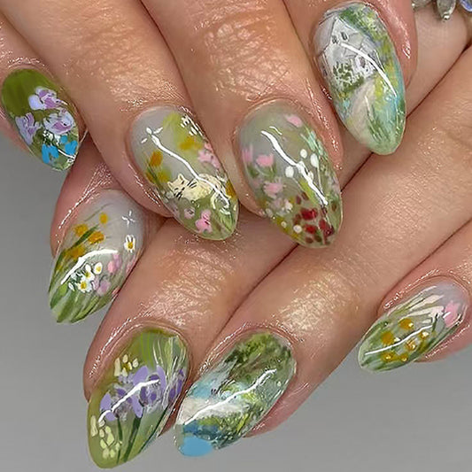 Enchanted Garden Medium Almond Pastel Green Artistic Press On Nail Set