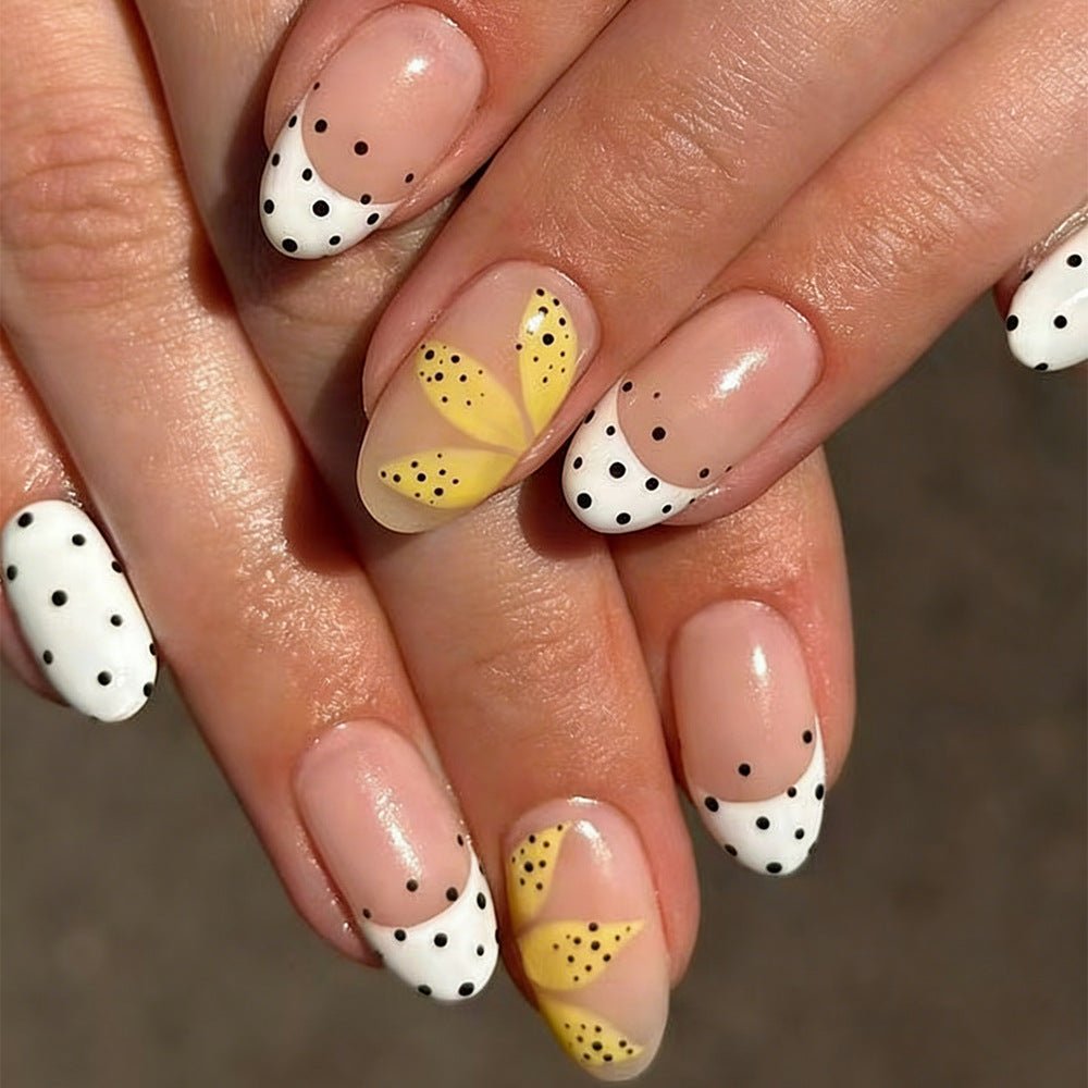 Tropical Vibes Long Oval White with Yellow Leaf Design Press on Nail Set