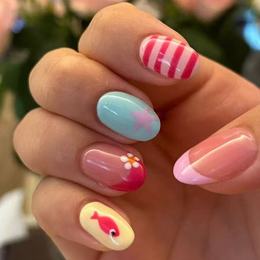 Whimsical Ocean Vibes Medium Oval Multi-Colored Floral and Patterned Press-On Nail Set