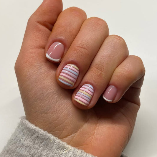 Pastel Dreams Short Square Pink with Fun Multicolored Stripe Design Press On Nail Set