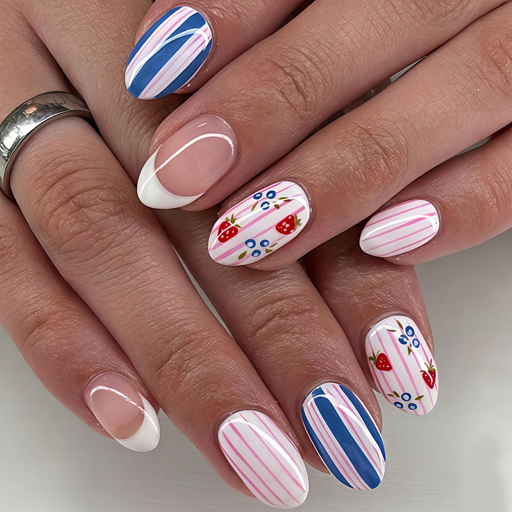 Fresh Garden Vibes Medium Almond Pink and Blue Striped Design Press On Nail Set