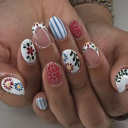 Blooming Floral Medium Oval Colorful Art Press-On Nail Set