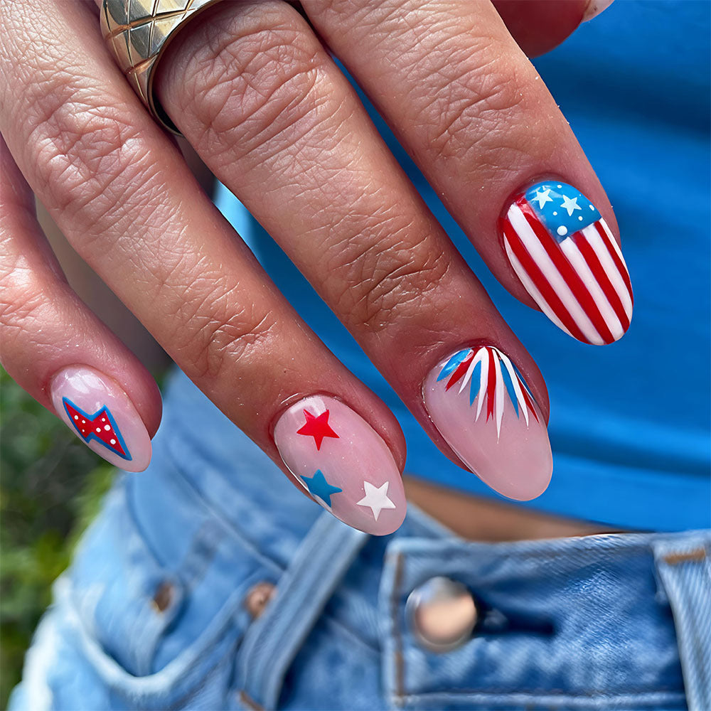 Patriotic Glam Medium Almond Red and Blue Star Design Press On Nail Set