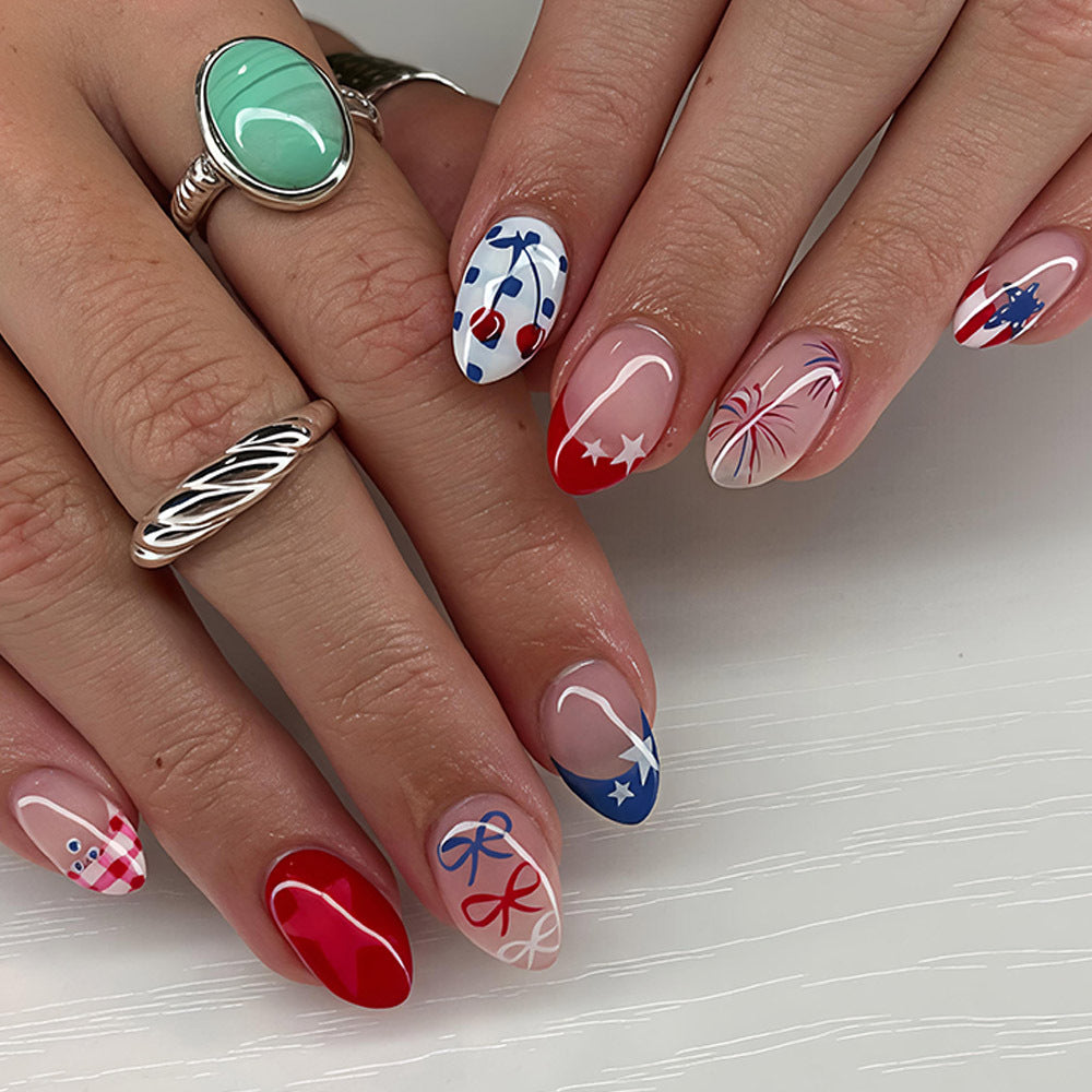Festive Short Almond Red White and Blue Fireworks Press On Nail Set