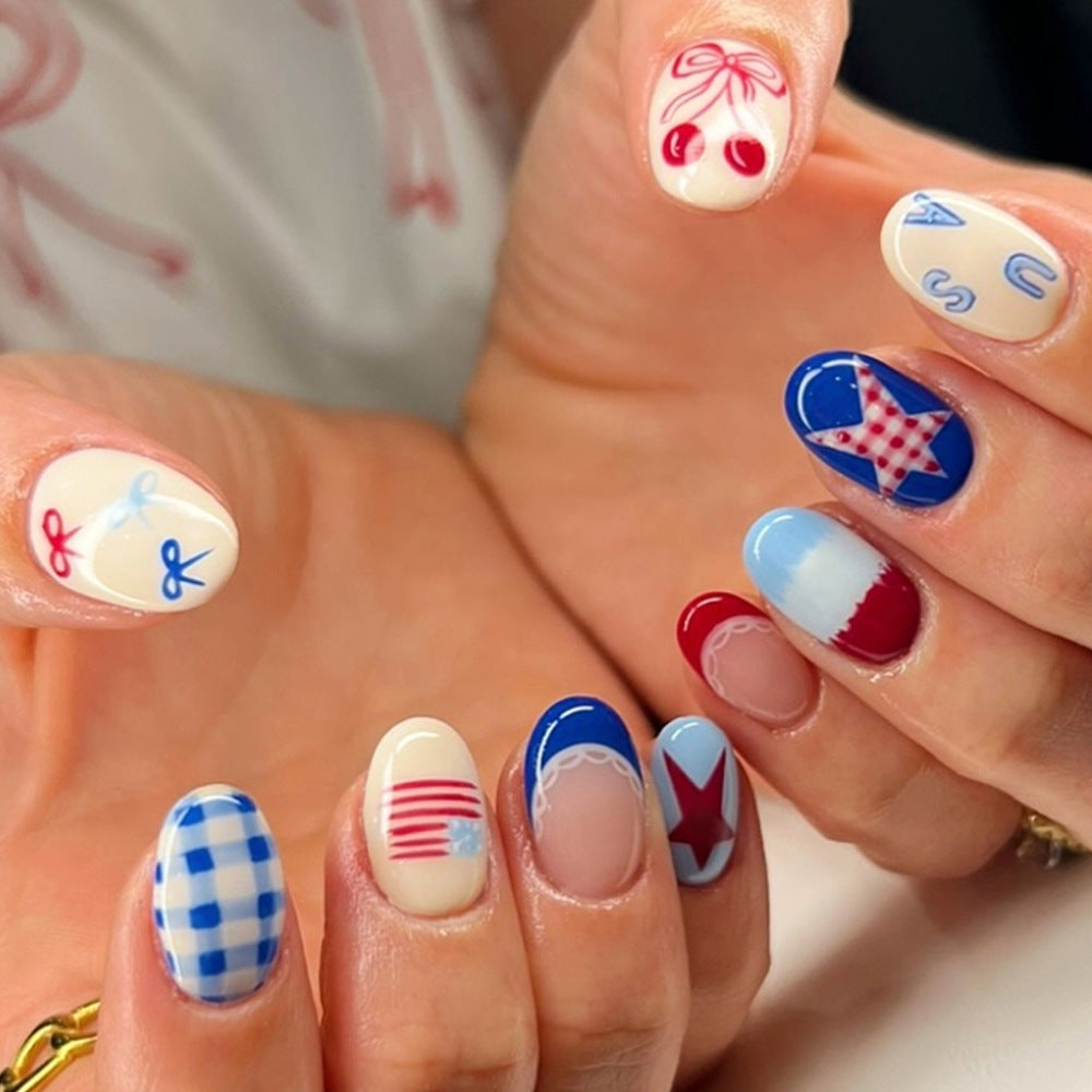 Patriotic Vibes Short Oval Red and Blue Artistic Nail Set