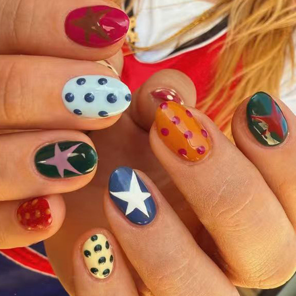 Whimsical Fun Short Oval Multi-Color Polka Dot Press-On Nail Set