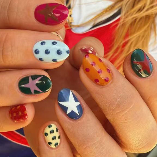 Whimsical Fun Short Oval Multi-Color Polka Dot Press-On Nail Set