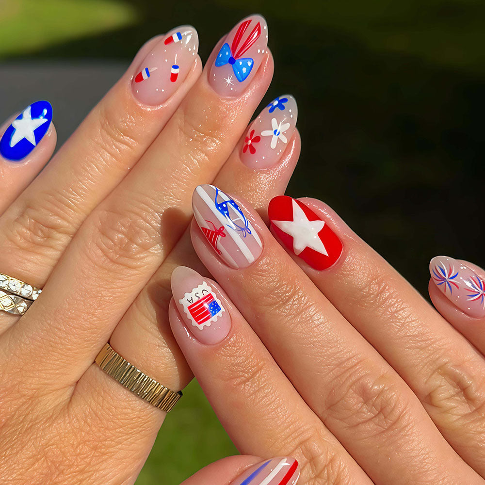 Patriotic Celebration Medium Almond Red and Blue Floral Design Press on Nail Set