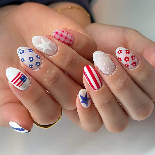 Festive Patriotic Medium Almond Red White and Blue Floral Nail Press Set