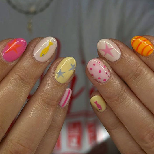 Whimsical Ocean Vibes Short Oval Multi-Colored Cute Accents Nail Set