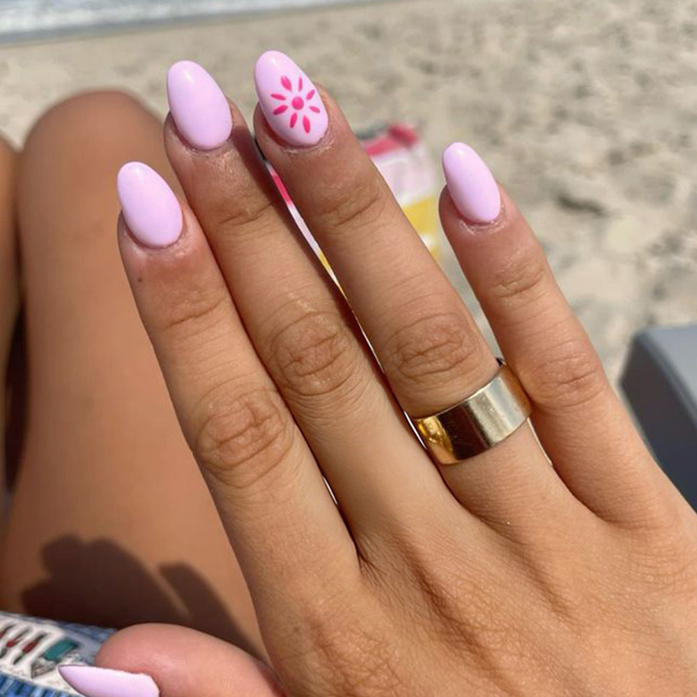 Boho Chic Short Oval Soft Pink with Floral Design Press On Nail Set