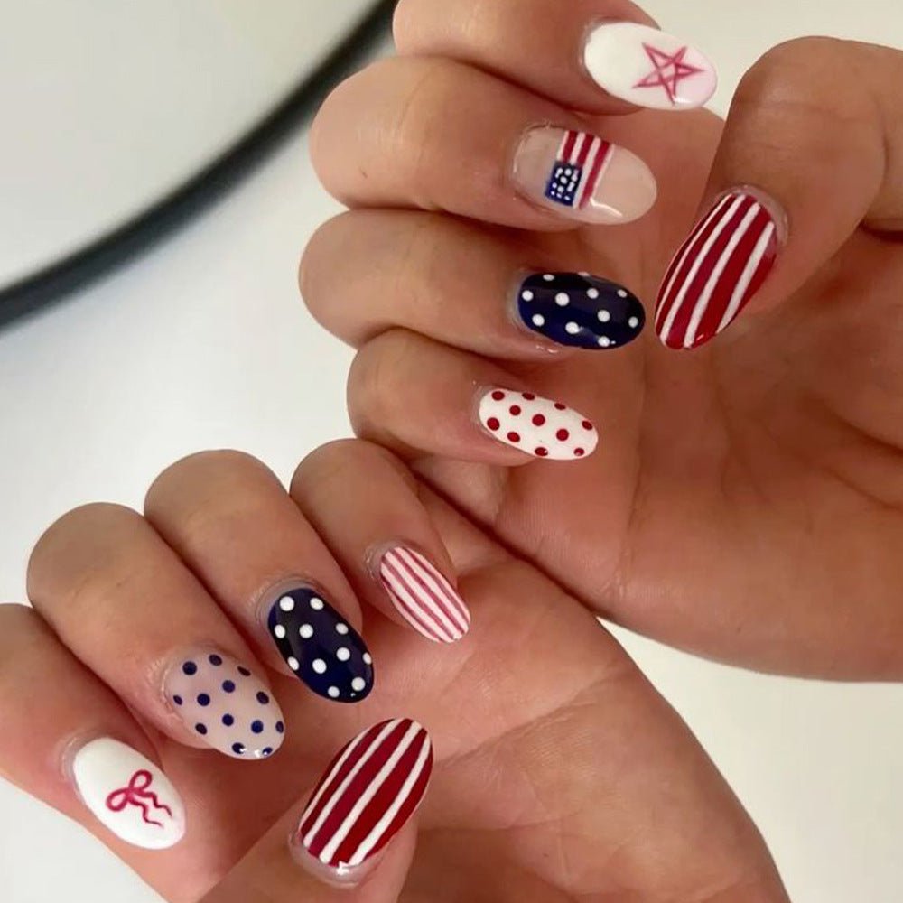 Patriotic Style Medium Oval Red White and Blue with Daring Patterns Press on Nail Set