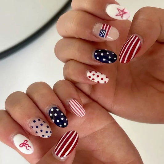 Patriotic Style Medium Oval Red White and Blue with Daring Patterns Press on Nail Set