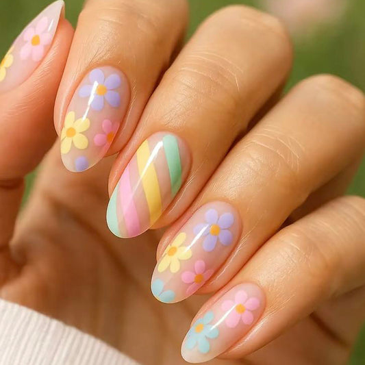 Springtime Elegance Short Oval Pastel Floral Design Press On Nail Set