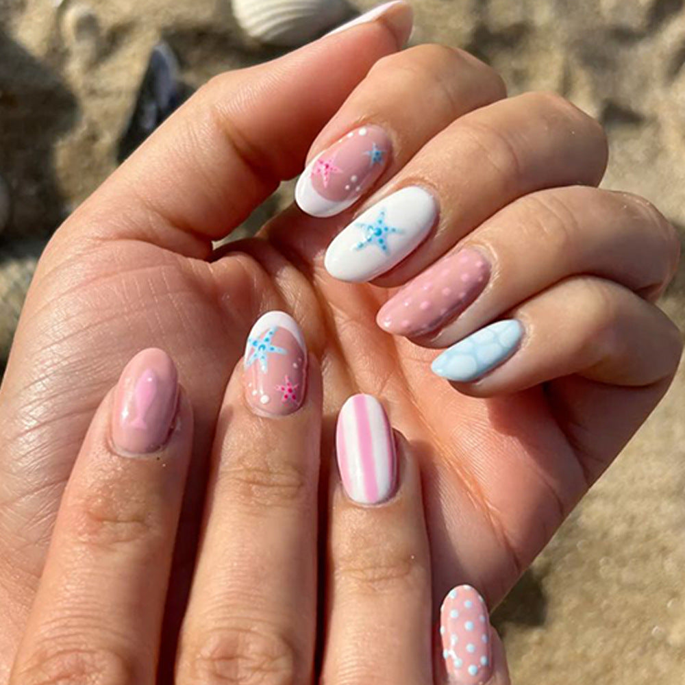 Beach Breeze Short Oval Pink and Blue Starfish Accent Press on Nail Set