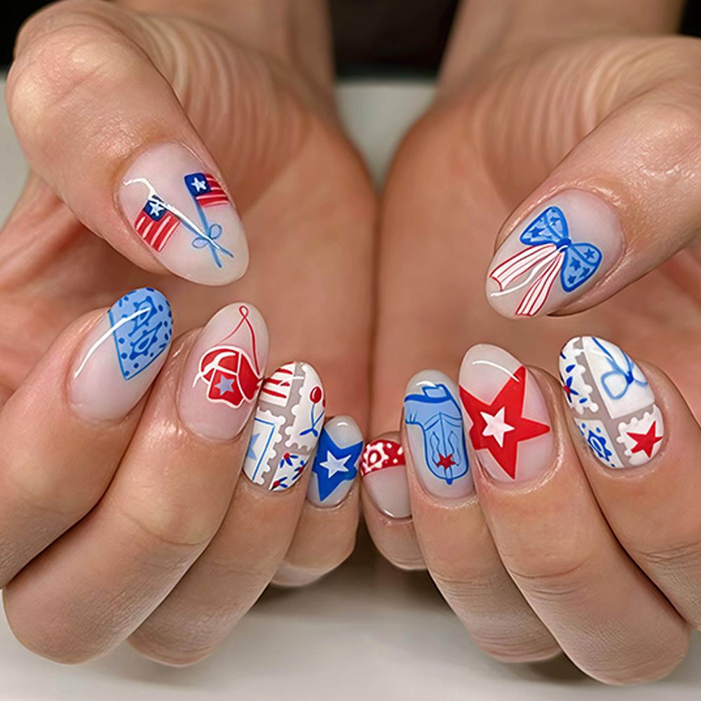 Patriotic Vibes Short Round Red and Blue Illustrated Nail Set