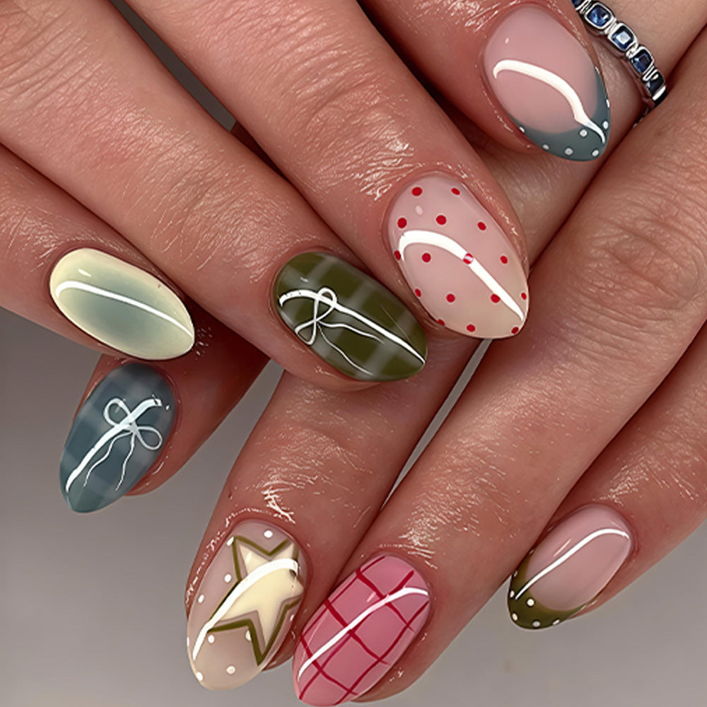 Festive Elegance Short Almond Multi-Color with Unique Bow Design Press-On Nail Set
