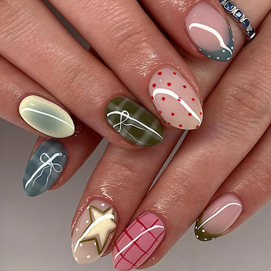 Festive Elegance Short Almond Multi-Color with Unique Bow Design Press-On Nail Set