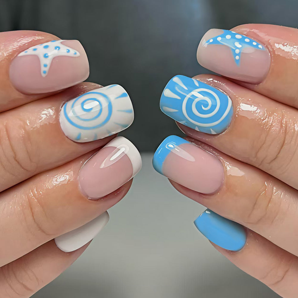 Ocean Inspired Medium Square Light Blue Nail Set with Unique Artistic Designs