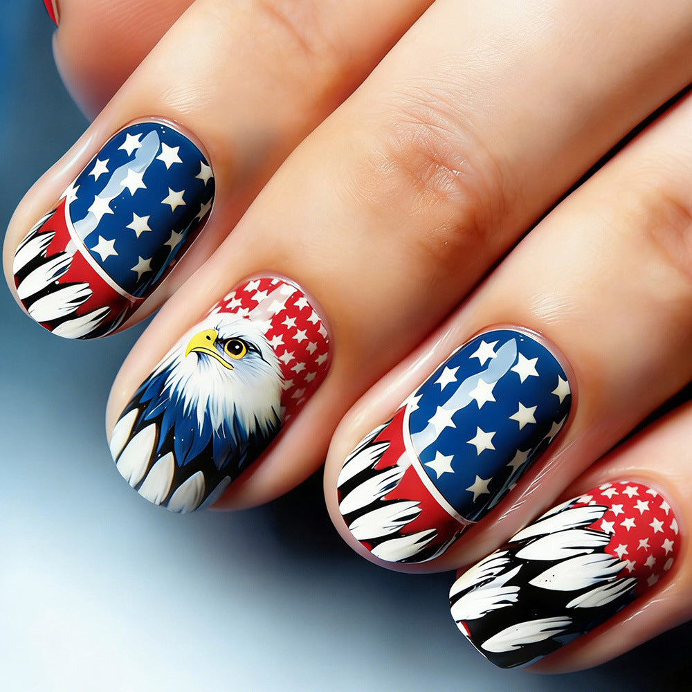 Patriotic Vibes Short Round Red and Blue Star Pattern Nail Set