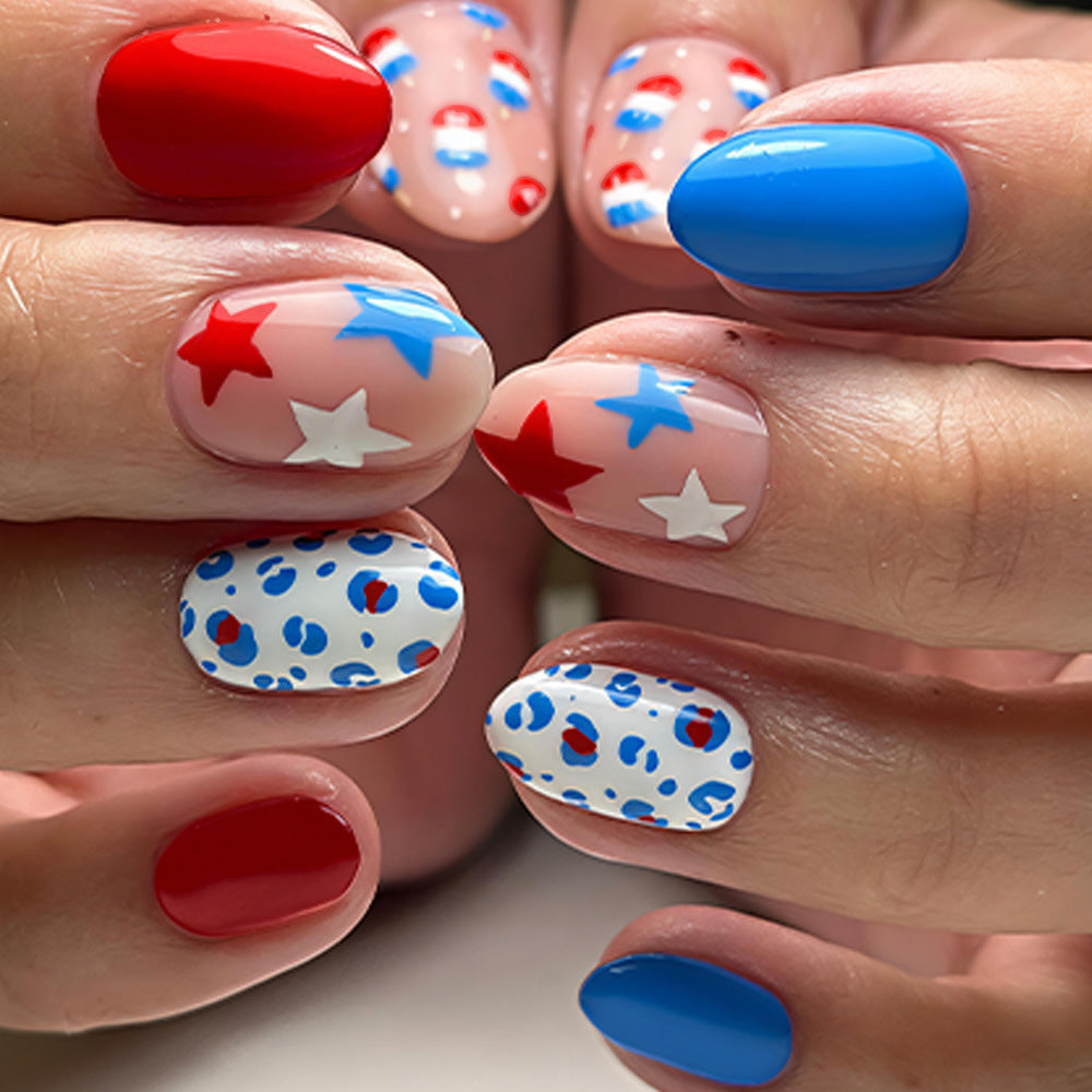 Patriotic Delight Medium Round Red and Blue Star and Dot Press On Nail Set