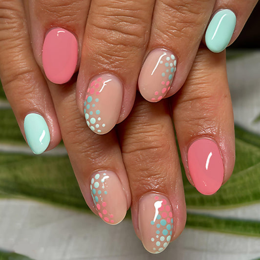Tropical Bliss Short Oval Pink and Mint Press on Nail Set with Dotted Design