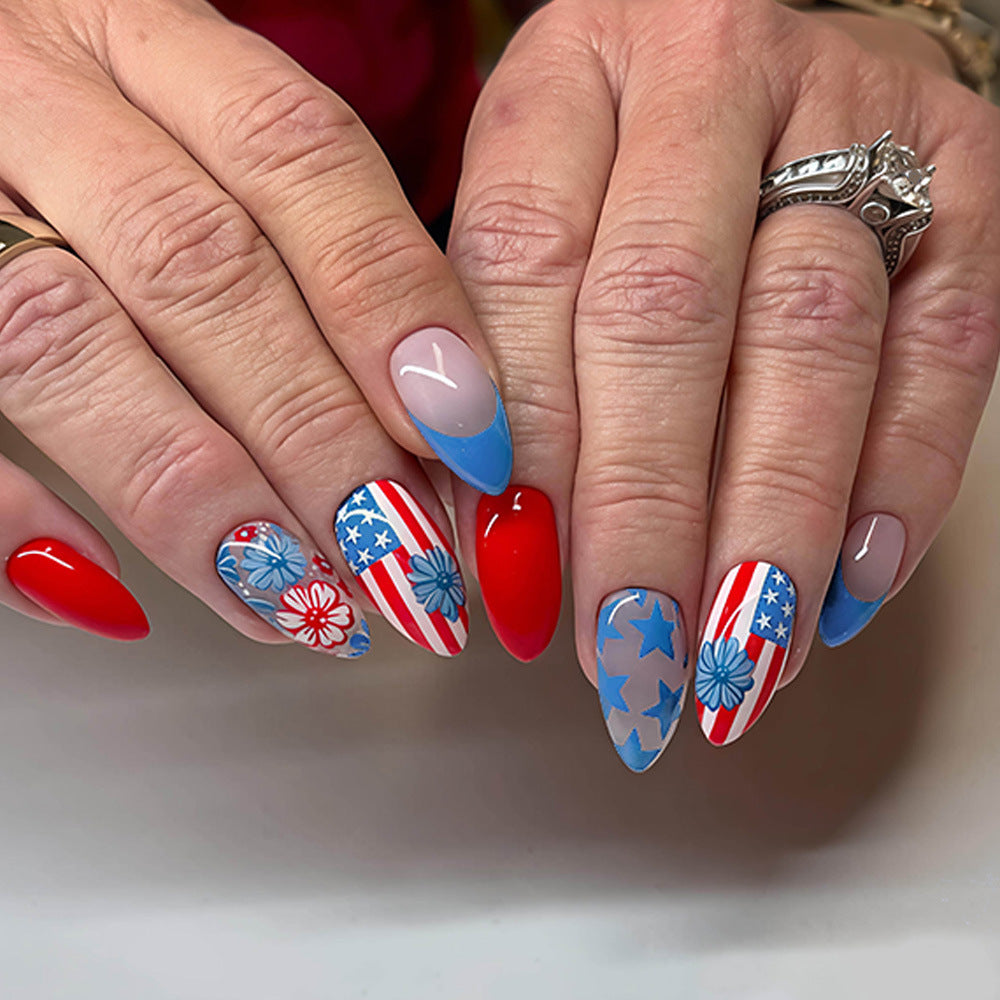 Patriotic Vibrance Medium Almond Red and Blue Floral Print Nail Set