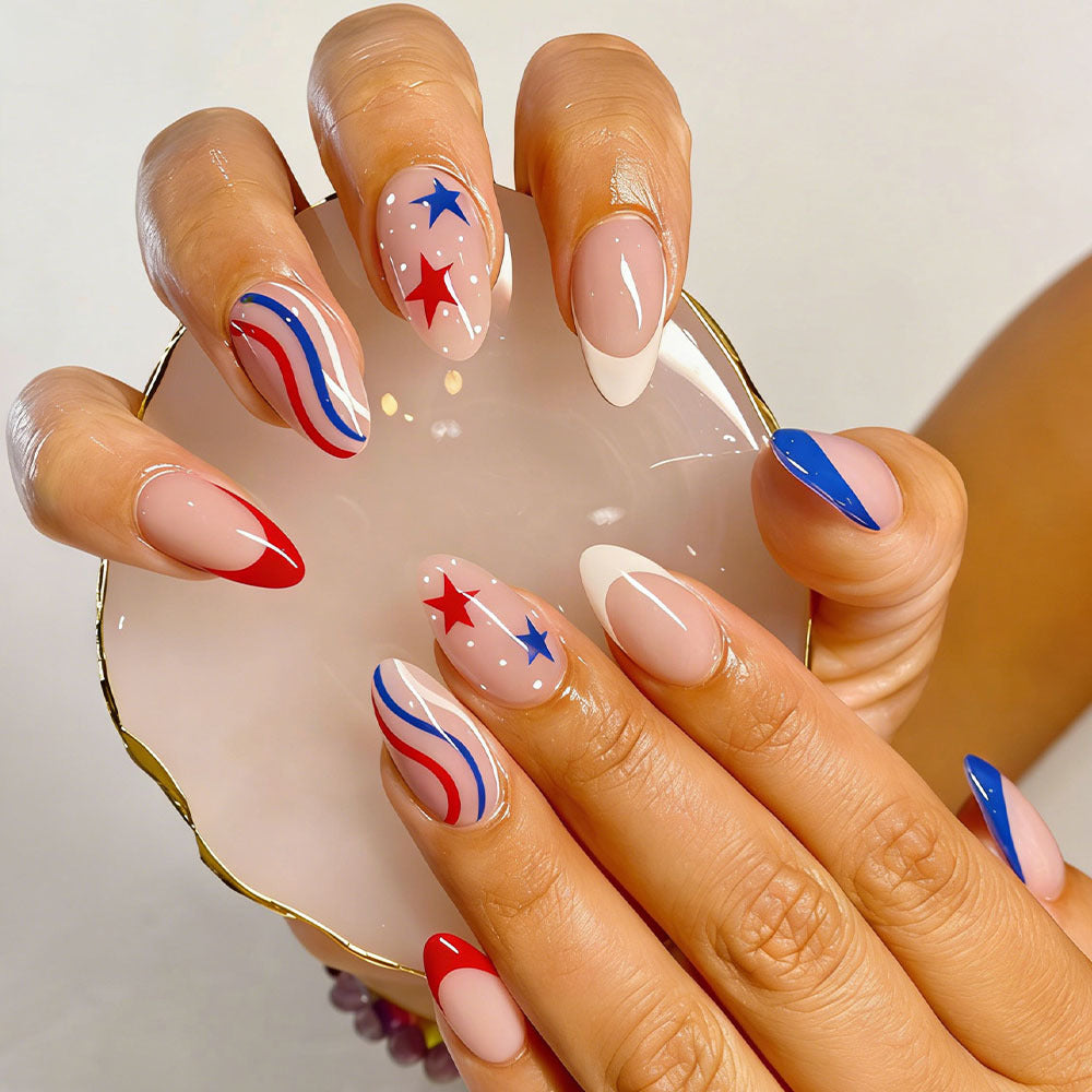 Patriotic Elegance Medium Almond Red White and Blue Nail Set with Stars and Stripes Design