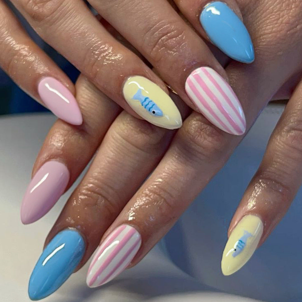 Ocean Breeze Medium Almond Pastel Nails with Unique Fish Design