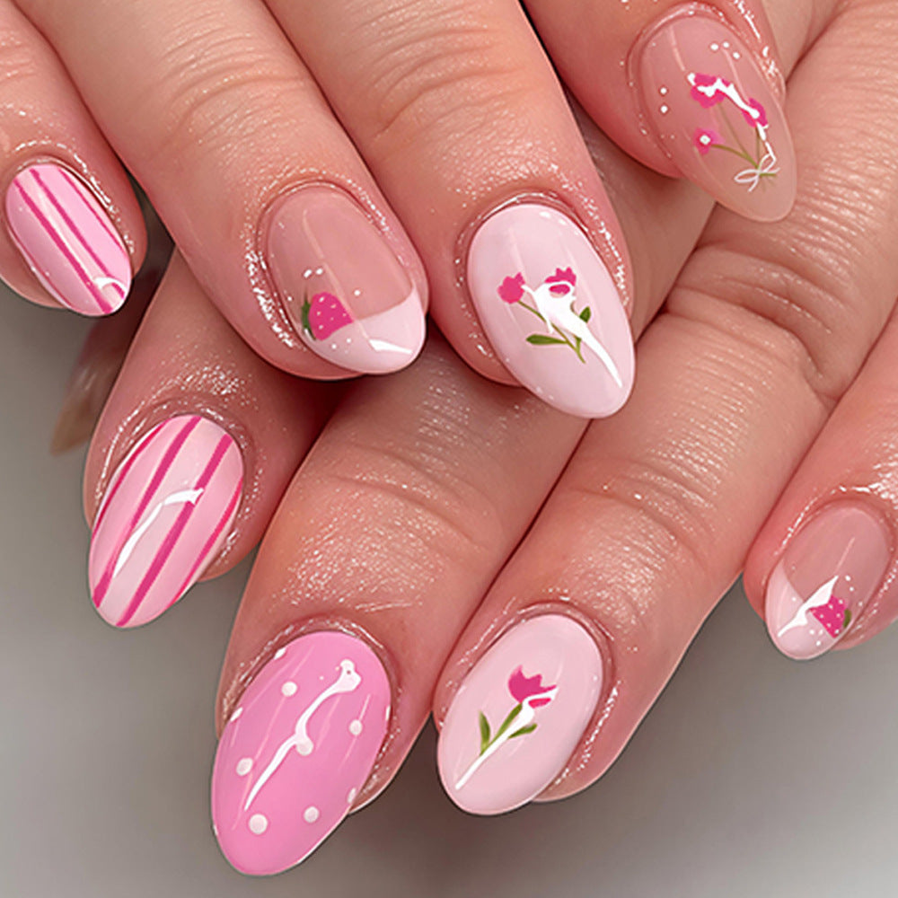 Charming Floral Bliss Short Oval Pink with Delightful Hand-Painted Accents Press On Nail Set