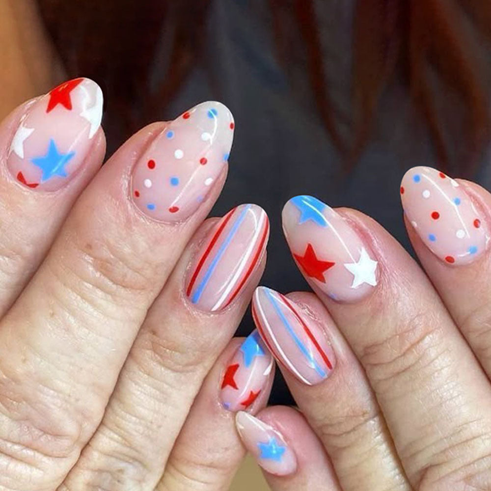 Patriotic Vibes Medium Almond Red and Blue Star Pattern Press On Nail Set