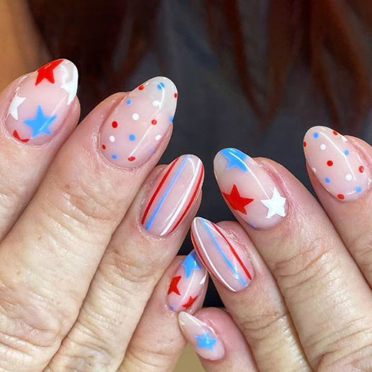 Patriotic Vibes Medium Almond Red and Blue Star Pattern Press On Nail Set