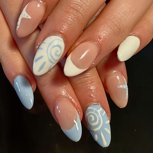 Ocean Breeze Medium Almond Blue and White Nail Set with Unique Artistic Design